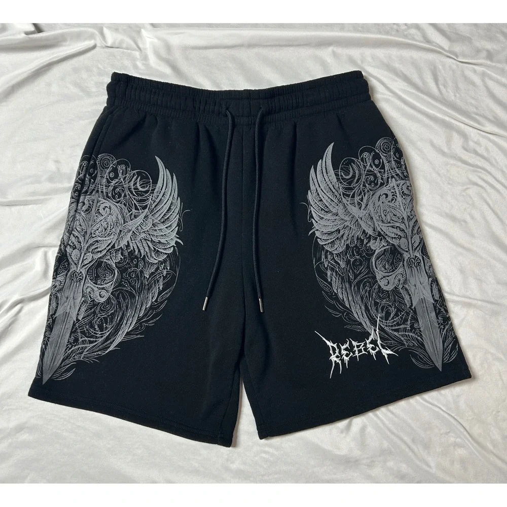 Rebel Vengeance Mens XL Black Graphic Wing Sword Sweat Shorts Streetwear Gothic - Picture 1 of 14